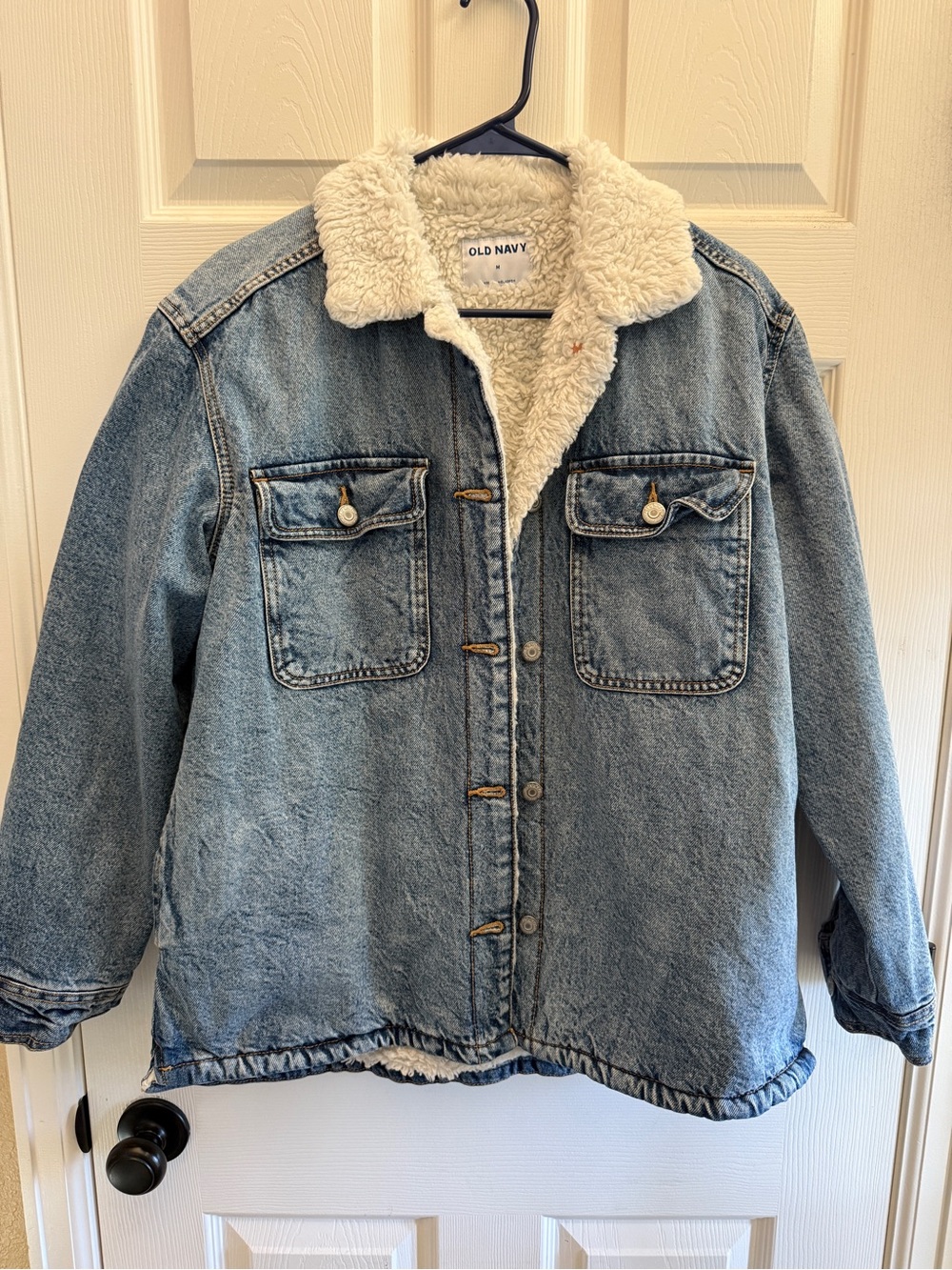 Old Navy Light Blue Denim Jacket with Cream Sherpa Collar and Lining - Picture 1 of 3